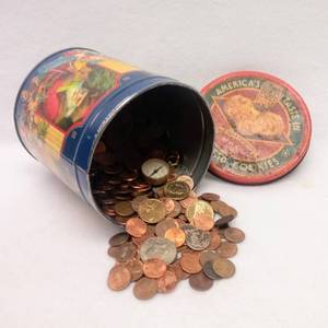lot 5936 image: Old Tin With Pennies & Other Coins