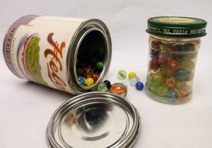 lot 5937 image: Vintage Can Safe & Jar With Marbles