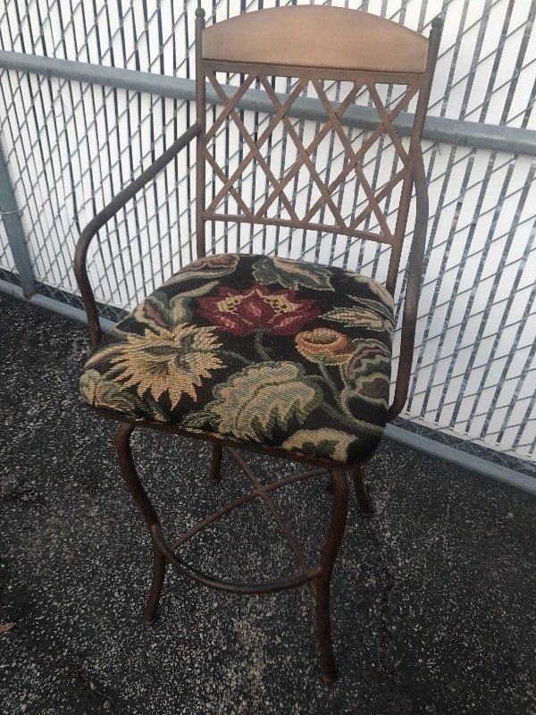 lot 11 image: Nice rustic looking iron swivel top barstools nice fabric seat automatically swivels back to base position