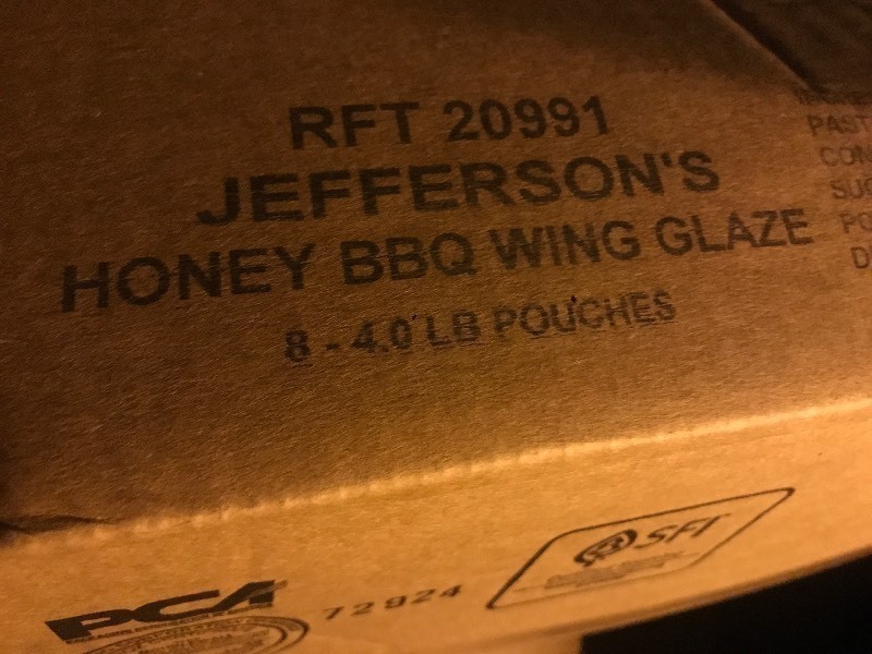 lot 346 image: Case of Jeffersons honey barbecue wings glaze (8) 4 pound pouches for case