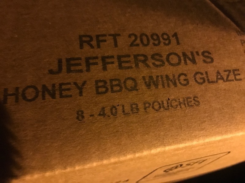 lot 347 image: Case of Jeffersons honey barbecue wings glaze (8) 4 pound pouches for case