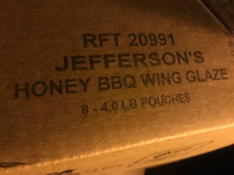 lot 348 image: Case of Jeffersons honey barbecue wings glaze (8) 4 pound pouches for case