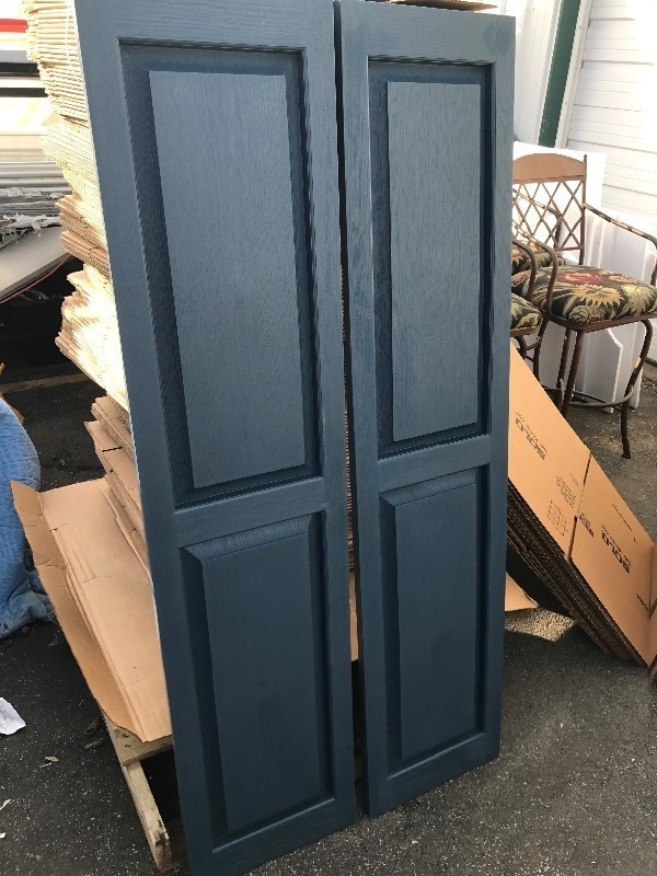 lot 645 image: New pair of house shutters each shutter is 14.5 x 63 do use as shutters or use your imagination  if you dont like the color paint them