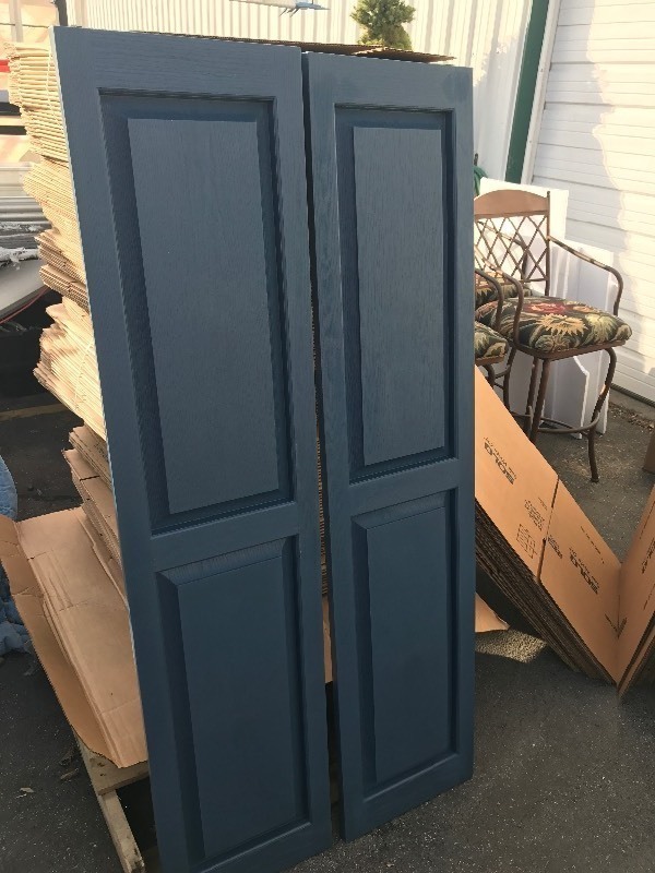 lot 646 image: New pair of house shutters each shutter is 14.5 x 63 do use as shutters or use your imagination  if you dont like the color paint them
