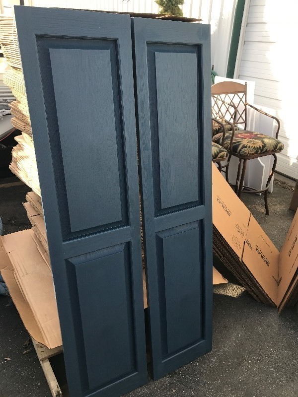 lot 647 image: New pair of house shutters each shutter is 14.5 x 63 do use as shutters or use your imagination  if you dont like the color paint them