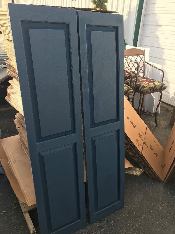 lot 648 image: New pair of house shutters each shutter is 14.5 x 63 do use as shutters or use your imagination  if you dont like the color paint them