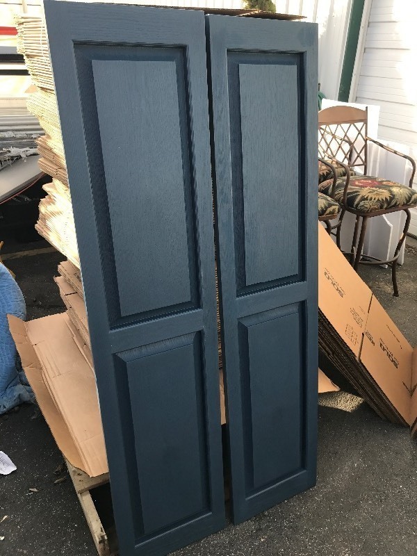 lot 649 image: New pair of house shutters each shutter is 14.5 x 63 do use as shutters or use your imagination  if you dont like the color paint them