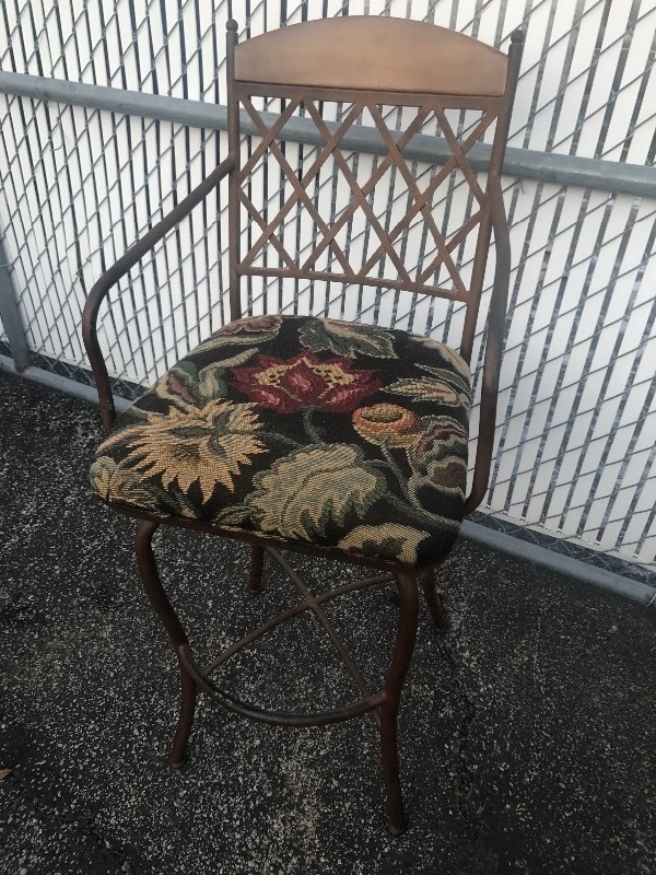 lot 8 image: Nice rustic looking iron swivel top barstools nice fabric seat automatically swivels back to base position