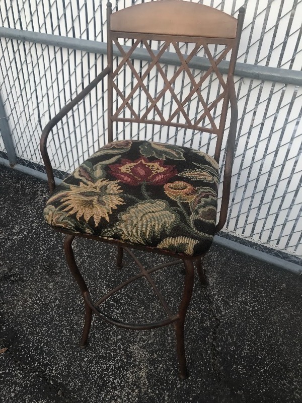 lot 9 image: Nice rustic looking iron swivel top barstools nice fabric seat automatically swivels back to base position
