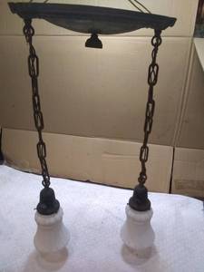 lot 11294 image: Vintage Brass and Milk Glass Double Hanging Light Fixture