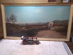lot 11437 image: Covered Wagon and Train Framed Art Print (model train not included)