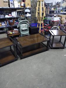 lot 3545 image: Wood Top with Metal Frame Coffee Table and Matching End Tables