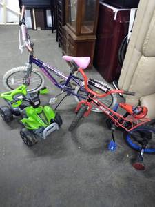 lot 3552 image: Precious Pearls Kids Bicycle, Spiderman Kids Bicycle and Power 4 Wheeler