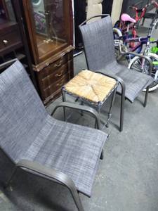 lot 3554 image: Pair of Outdoor Chairs and Metal Bar Stool with Wicker Seat