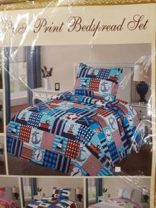 lot 20472 image: Golden Linens Full Size 1 Quilt, 2 Shams Navy Blue Aqua Blue Trains Air Plain
