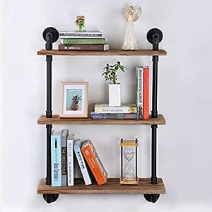 lot 20498 image: Exblue Industrial Pipe Shelves with Wood, Rustic Wall Shelves, 3 Tier Floating Wood Shelves for Bedrooms, Kitchens or Bar Storage, Retro Espresso-Brown