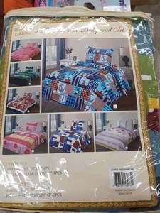 lot 22492 image: Golden Linens Full Size 1 Quilt, 2 Shams Navy Blue Aqua Blue Trains Air Plain