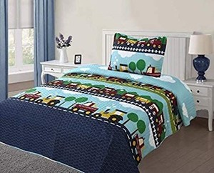 lot 22756 image: Golden Linens Full Size 1 Quilt, 2 Shams Navy Blue Aqua Blue Trains Air Plain