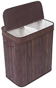 lot 22762 image: BirdRock Home Collapsible Divided Bamboo Hamper w Lid & Cloth Liner