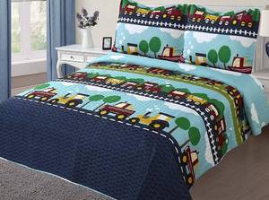 lot 22882 image: Golden Linens Full Size 1 Quilt, 2 Shams Navy Blue Air Plane Aqua Blue Trains Air Plane