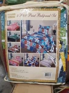 lot 23543 image: Golden Linens Full Size 1 Quilt, 2 Shams Navy Blue Aqua Blue Trains Air Plain