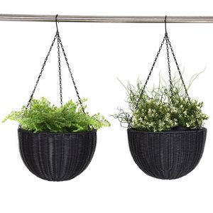 lot 8101 image: Costway Set Of Two 13.8 Round PE Rattan Garden Plant Hanging Planters Decor Pots Black