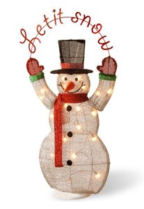 lot 8179 image: National Tree Company 36 Silver Fabric Tinsel Let It Snow 2D Snowman with 20 Clear Lights