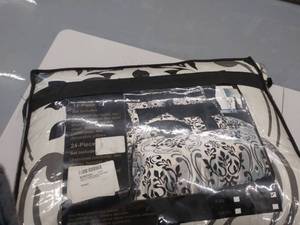lot 1008 image: King sized tribeca egyptian cotton 12 piece set oversized comforter two Shams bed skirt to Euro Shams oversized flat sheet fitted sheet 2 pillow cases two decorative pillows