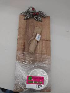 lot 1124 image: Mud Pie H7 Christmas Holiday Holly Serving Board, Dip Cup Bowl & Spoon 4751130