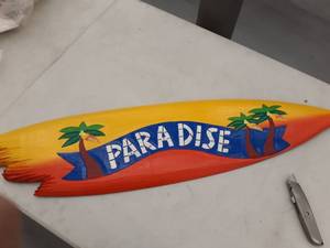 lot 2867 image: 39 Handcarved and painted bite surfboard wall decor