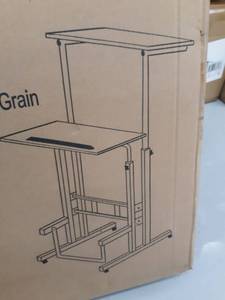 lot 2916 image: SDADI Free Standing Desk with Swinging footrest optional for standing and seating 2 modes Dark grain