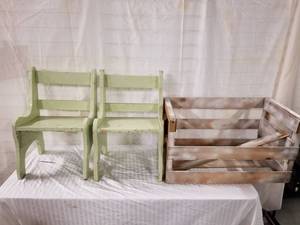 lot 6027 image: 2 Vintage Childrens Wooden Chairs and Crate