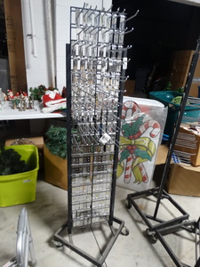 lot 7888 image: Metal retail rack w various size slat wall hooks on wheels