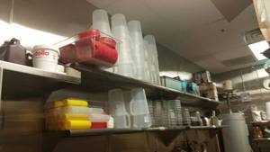 lot 23 image: Contents of Shelves Pans containers and pitchers