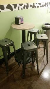 lot 39 image: Wooden Top High Table with Four steel bar stools