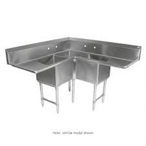 lot 4342 image: John Boos Stainless Steel Three Compartment Corner Sink w Dual Drainboards