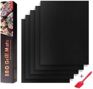 lot 17263 image: BBQ Grill Mat Set of 3, Non Stick Baking Mats with a Silicone Brush ,Reusable, Durable, Heat Resistant Barbecue Sheets For Grilling Meat, Veggies, Seafood - Works on Gas, Charcoal, Electric Grill