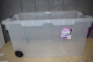 lot 97 image: Sterlite Wheeled Storage Tote with Handle NO Lid 160 Quart