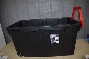 lot 98 image: Sterlite Wheeled Storage Tote with Handle Industrial NO Lid 160 Quart