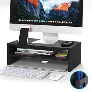 lot 3056 image: 1home Wood Monitor Stand Arm Riser Desk Storage Organizer, Speaker TV Laptop Printer Stand with Cellphone Holder and Cable Management, 16.7 inch 2 Tiers Shelves Black