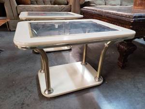 lot 1016 image: Glass Top Vinyl Vintage End Table