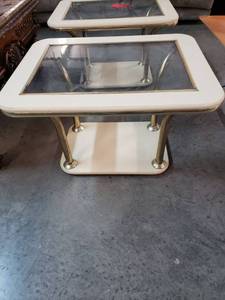 lot 1017 image: Glass Top Vinyl Vintage End Table