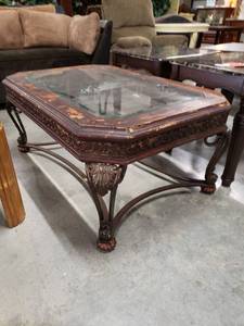 lot 1022 image: Glass Top Coffee Table -Iron Base