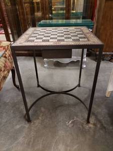 lot 1024 image: Mosaic Iron Base Checkers Side Table with Hidden Drawer