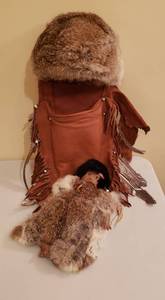 lot 4164 image: Genuine Deer LeatherRabbit FurFeathers Native American Indian Papoose (22 in. tall) with Baby Doll