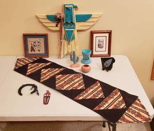 lot 4167 image: Lot of Native American Indian Decor - Wooden Eagle, 2 Needlepoint Framed Art, Table runner, and others
