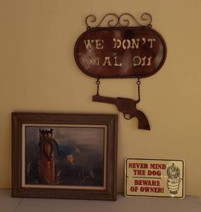 lot 4172 image: Lot of Western Themed Wall Decor - 2 Metal Signs & Framed Oil Painting