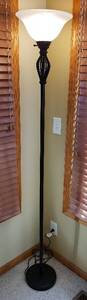 lot 4173 image: Torch Floor Lamp - 71 in. tall - Dark Antique Bronze Metal w Frosted Glass Top - slight damage - see pictures