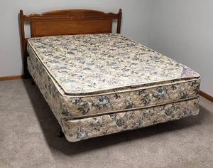 lot 4177 image: Queen Size Bed - Complete with Decorative Headboard, USA Double Pillow top Posture Plus Mattress, Matching Boxsprings, and Metal Frame