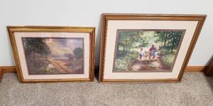 lot 4205 image: Lot of 2 Framed Prints - Flower Picking by Laurie Snow Heim (26 in. x 23 in.) and Road to Lake by Jamie Carter (22 in. x 18 in.)